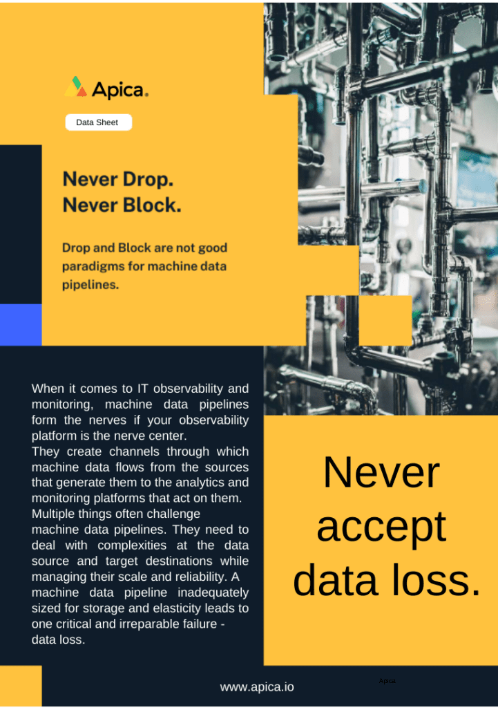 Product briefs, technical briefs, data sheets of Apica & its capabilities 37 Never-Block-Never-Drop